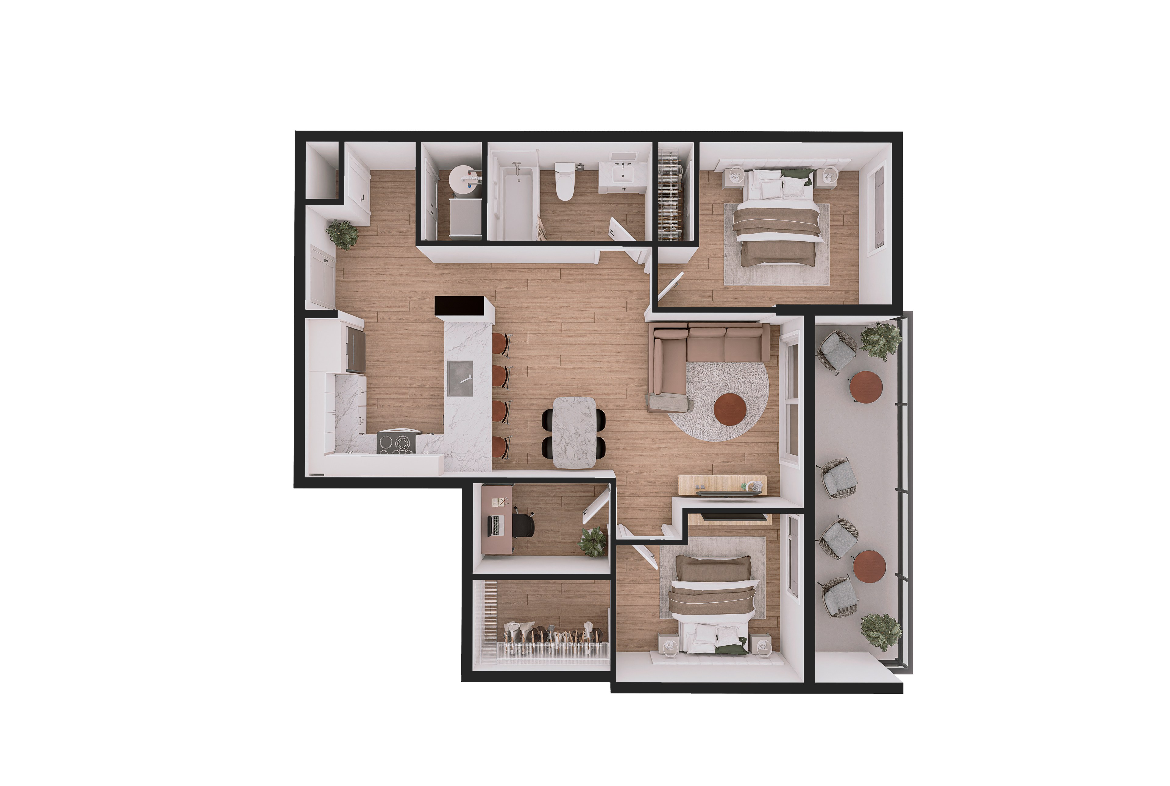 Floor plan for 2 beds, 1 bath, 867 sqft